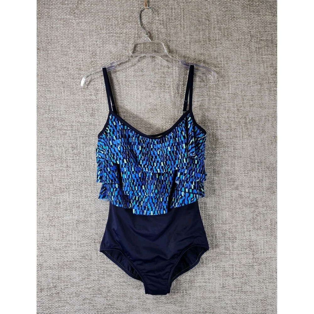 Maxine Of Hollywood One Piece Swimsuit Womens‎ 12 Blue Layered Ruffle Modern